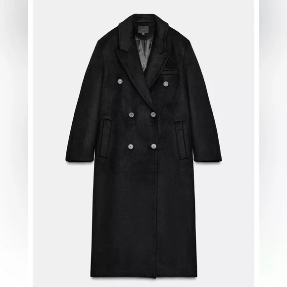 Zara Long wool blend Black Double-Breasted Coat - Picture 9 of 12
